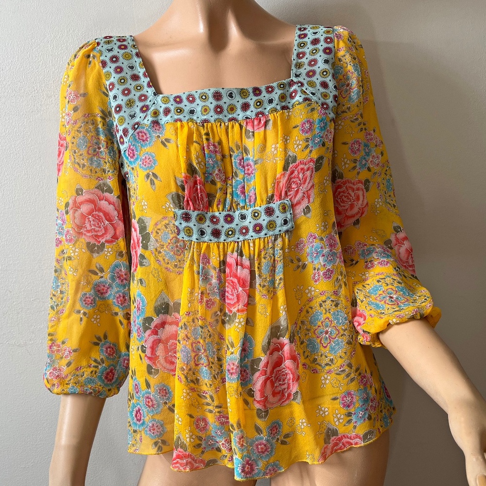 Anna Sui for Anthropologie boho floral silk chiffon sheer blouse 2